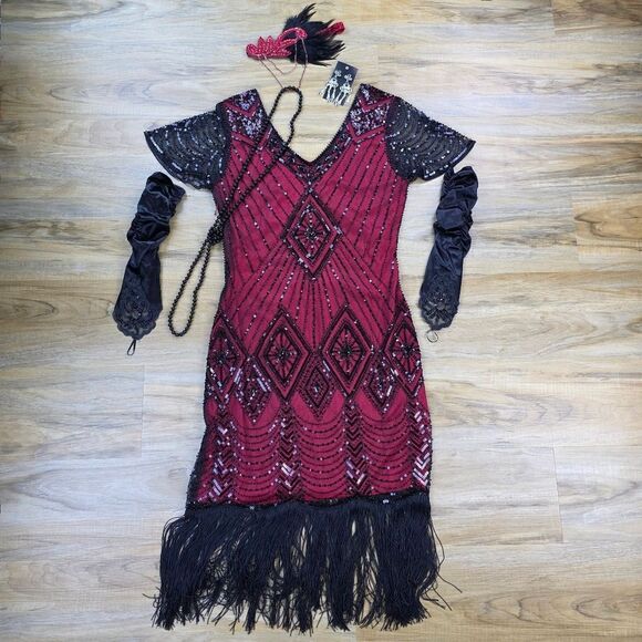 ☔️🩵⏭️NWT Red & Black Gatsby Flapper Dress 5-Piece Set Medium - Picture 3 of 14